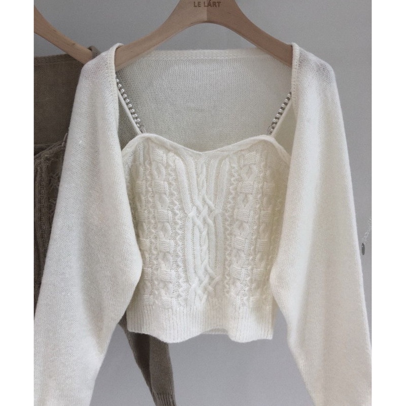 Áo Len Cardigan Dài Tay Hai Dây Đính Ngọc Trai Phong Cách Pháp Cổ Điển Dành Cho Nữ