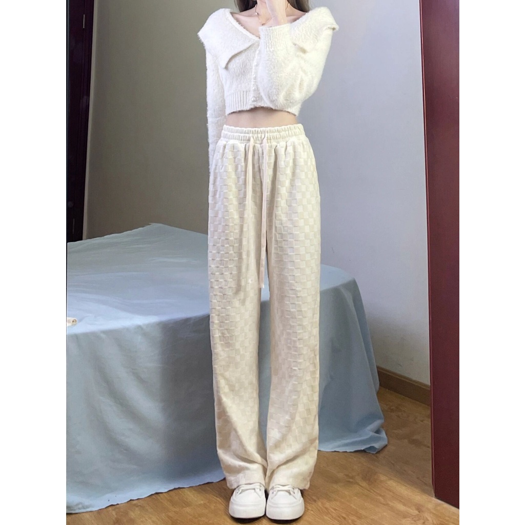 Quần ống rộng Xiaozhainv màu trơn sọc caro cá tính thời trang dành cho nữ