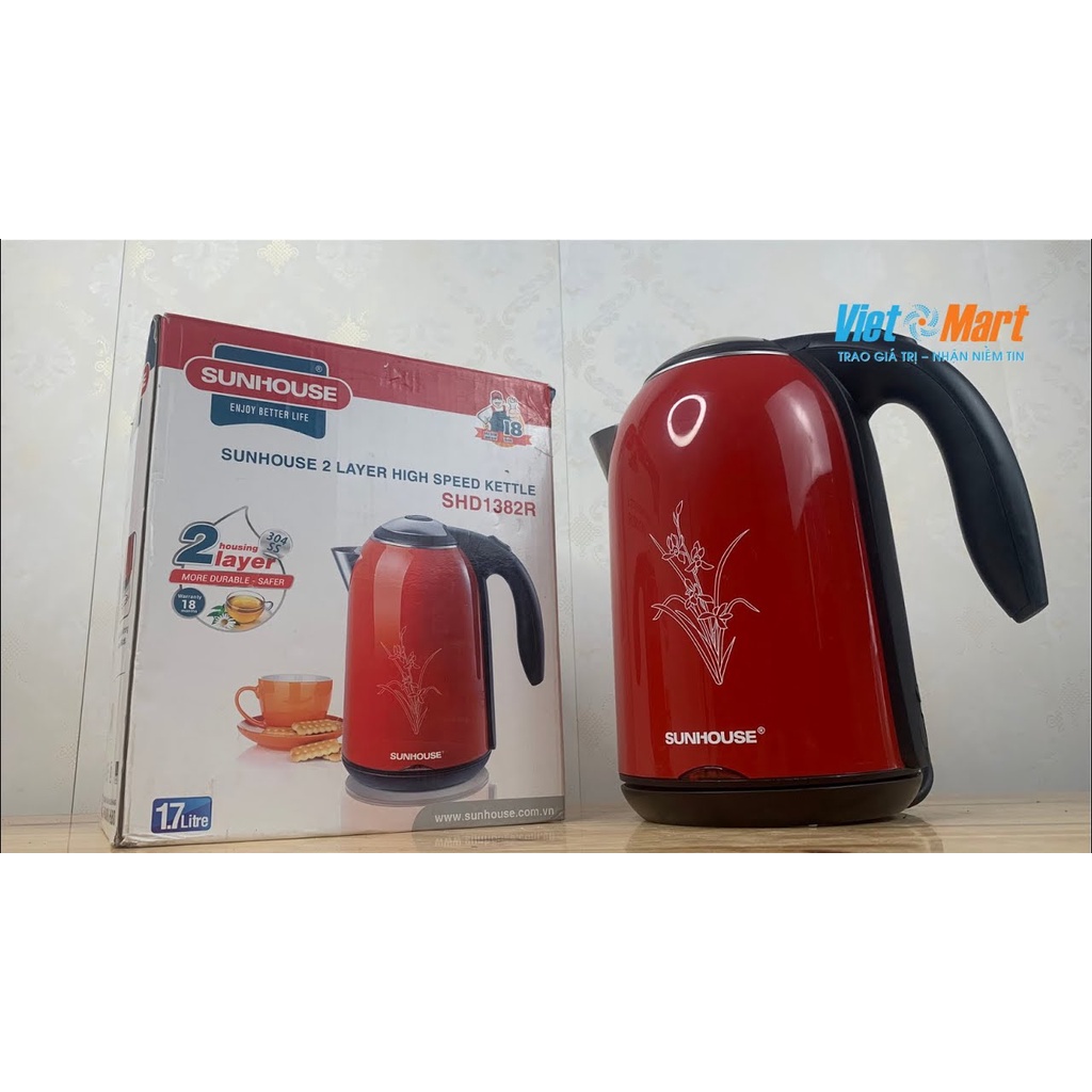 Ấm siêu tốc inox 2 lớp SUNHOUSE SHD1382, Công suất 1800W, inox 304 siêu bền