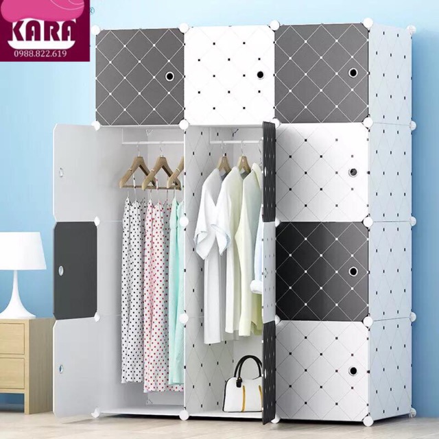 MẪU KẺ CARO ĐEN TRẮNG  - TỦ NHỰA QUẦN ÁO LẮP GHÉP 12 Ô KẺ CARO SIZE SÂU 47cm. Tặng 2 móc treo đồ.