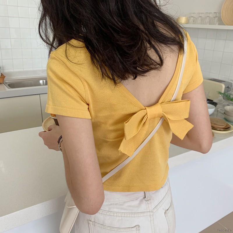 Áo thun dệt kim tay ngắn phối nơ lưng thiết kế hở lưng quyến rũ