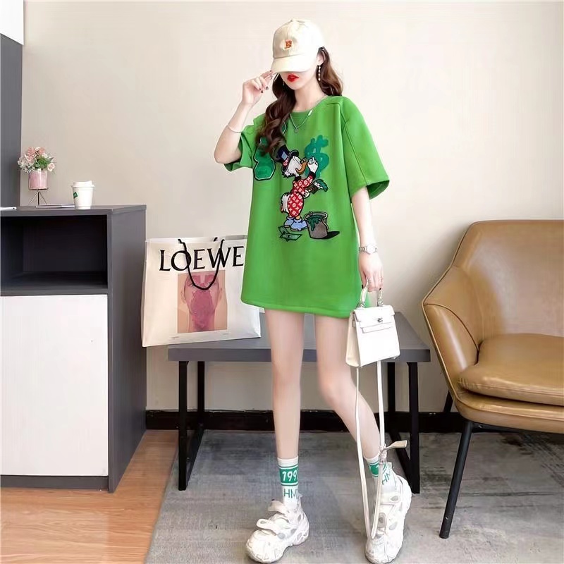 Áo Thun Tay Lỡ Dáng Rộng Thêu Họa Tiết Hoạt Hình Thời Trang Mùa Hè Cho Nữ