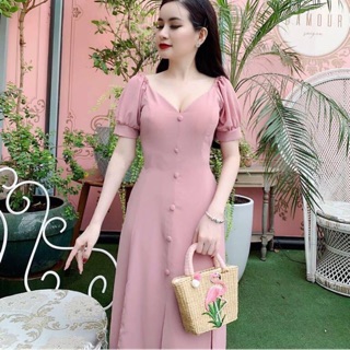 Đầm cổ V nút bọc