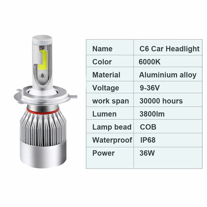 Đèn Pha Led Cob C6 H4 H8 36w - 3800lm Chất Lượng Cao Cho Xe Hơi