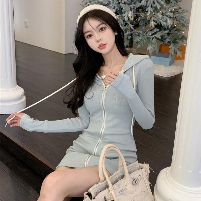 COZOK Đầm Dài Tay Có Mũ Phối Dây Rút Thời Trang