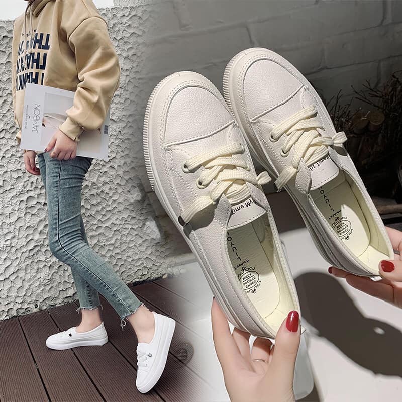 [CÓ ẢNH THẬT] Giày Slipon nữ phong cách Hàn Quốc, giày bệt chất liệu da, 2 màu trắng và be, kiểu dáng đẹp, giá tốt