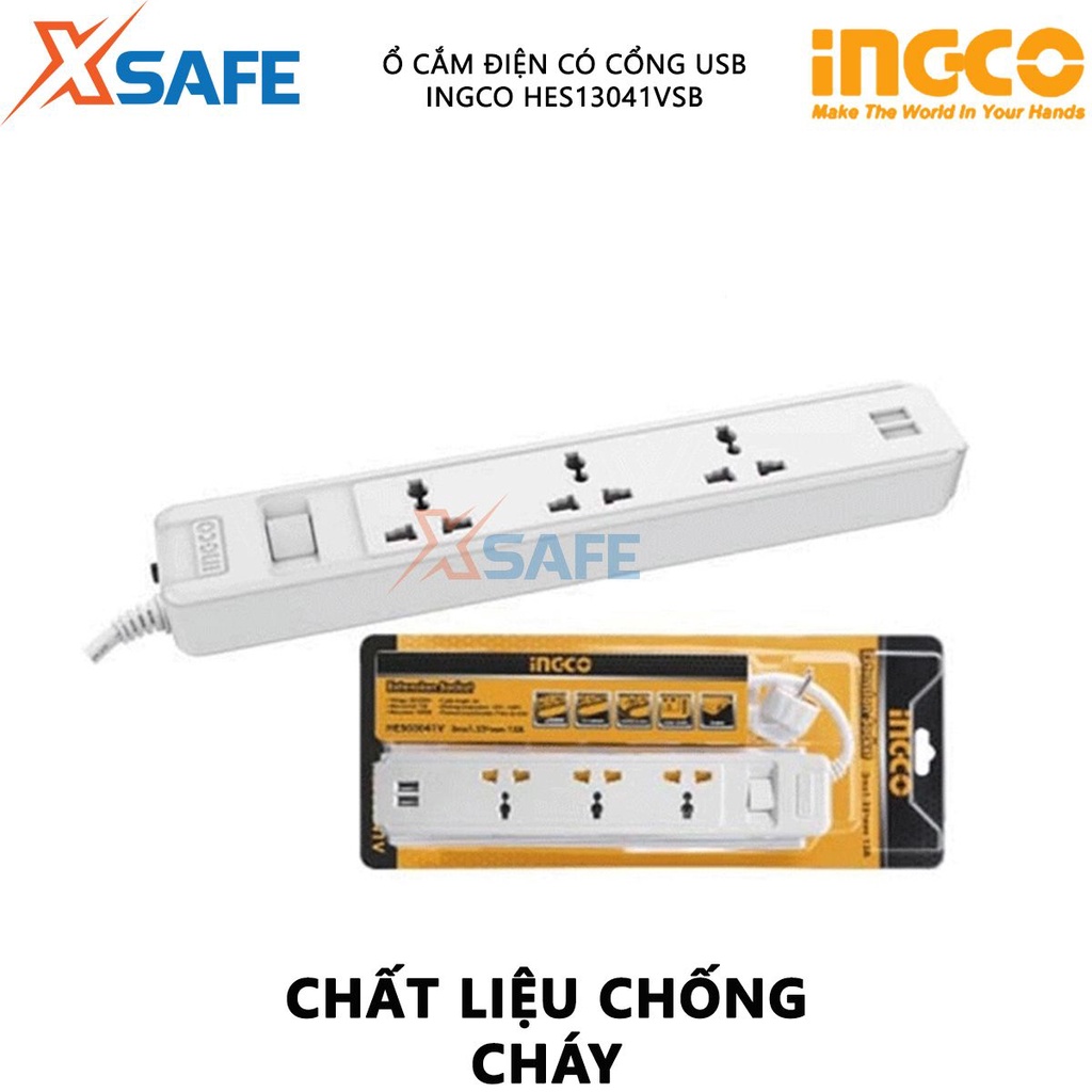 Ổ cắm điện ba chấu INGCO HES13041VSB Ổ cắm điện 3 ổ cắm mở rộng, 2 lỗ cắm cáp USB, chất liệu chống cháy, bảo vệ quá tải