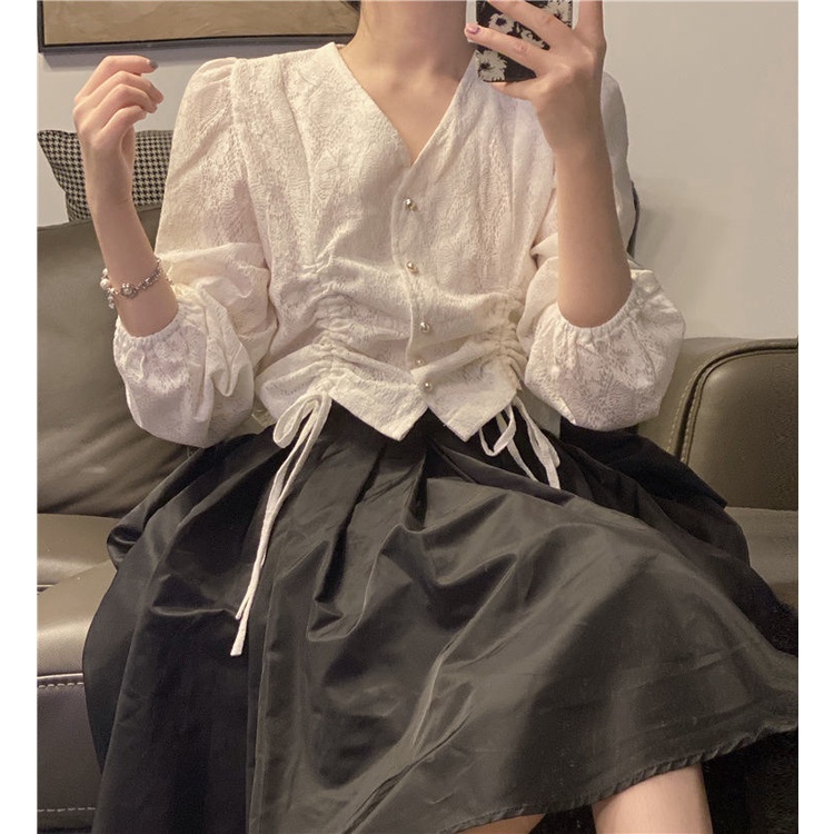 Áo kiểu tay dài cổ chữ V thiết kế dây rút phong cách Hàn Quốc thiết kế mới thời trang xuân thu