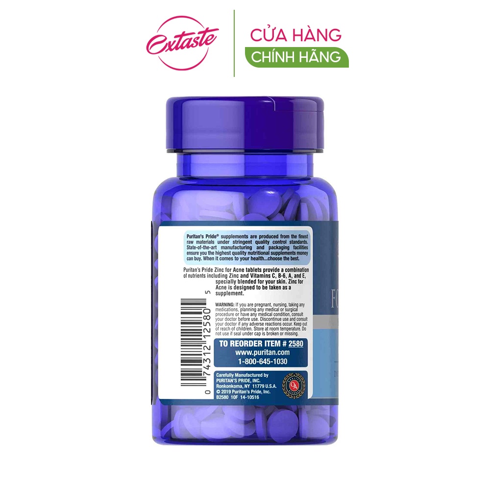 Viên uống bổ sung kẽm Puritan's Pride Zinc For Acne cho da mịn màng 100 viên