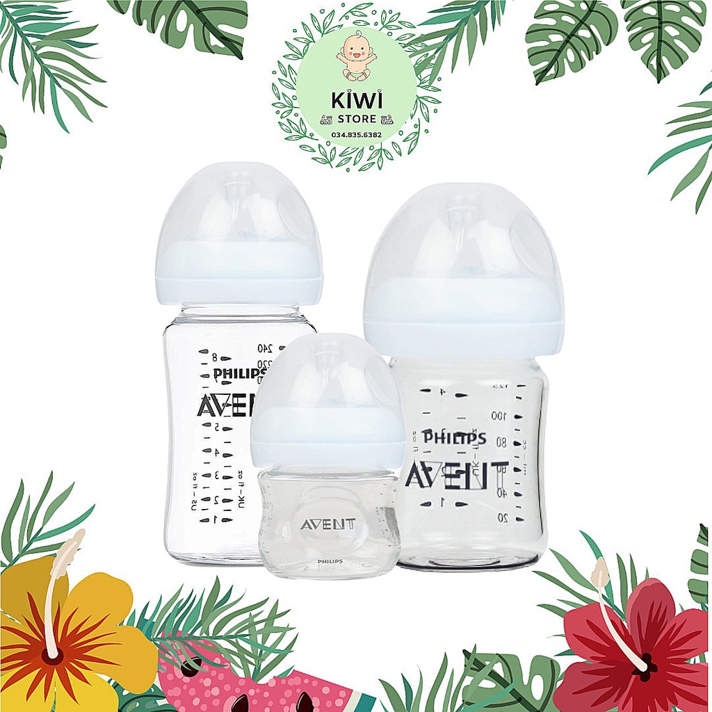 Bình sữa thủy tinh Avent Natural 60ml/125ml/240ml cho bé ( có đổi núm size )