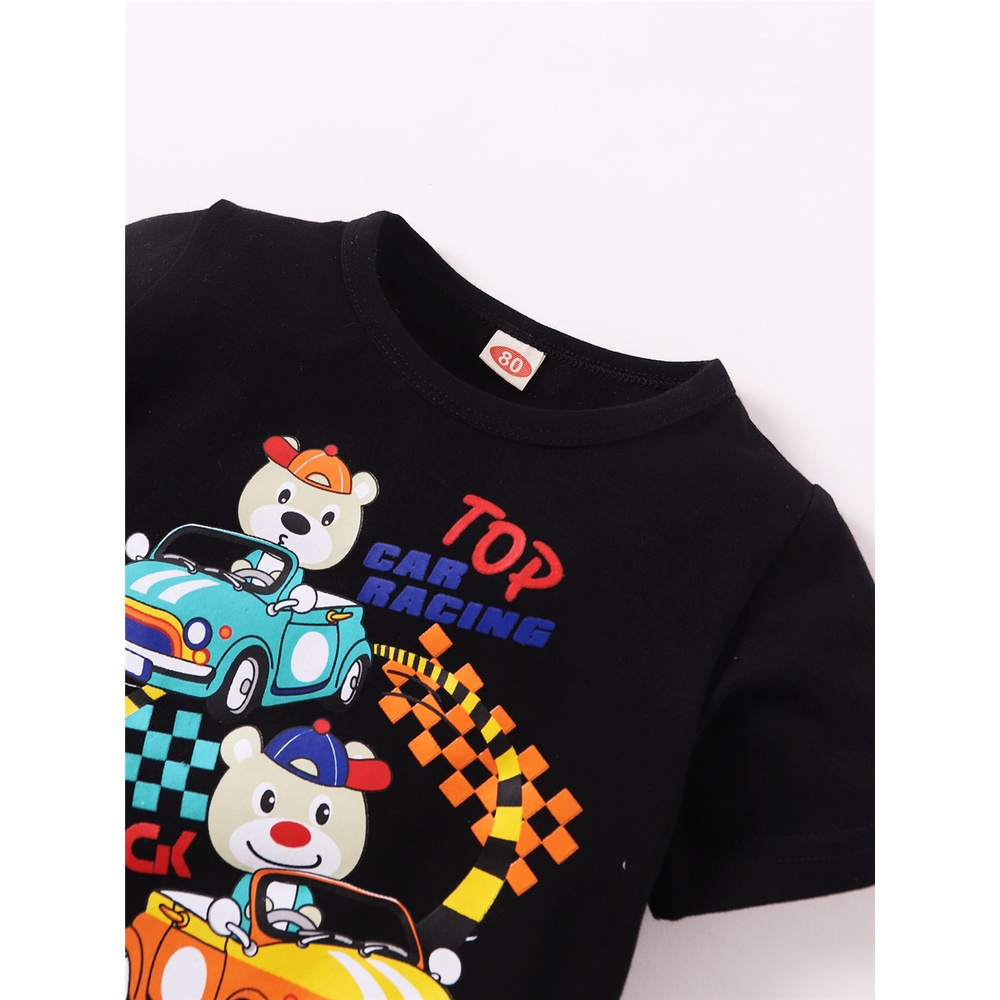 Bộ Trang Phục 2 Mảnh Gồm Áo Thun Tay Cộc In Hình Xe Hơi Hoạt Hình + Quần Denim Mùa Hè Cho Bé Trai