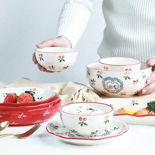 Bộ bát 🍃 Bộ sưu tập các loại bát tô thố hũ rót hoạ tiết cherry bằng sứ tráng men phong cách Hàn Quốc