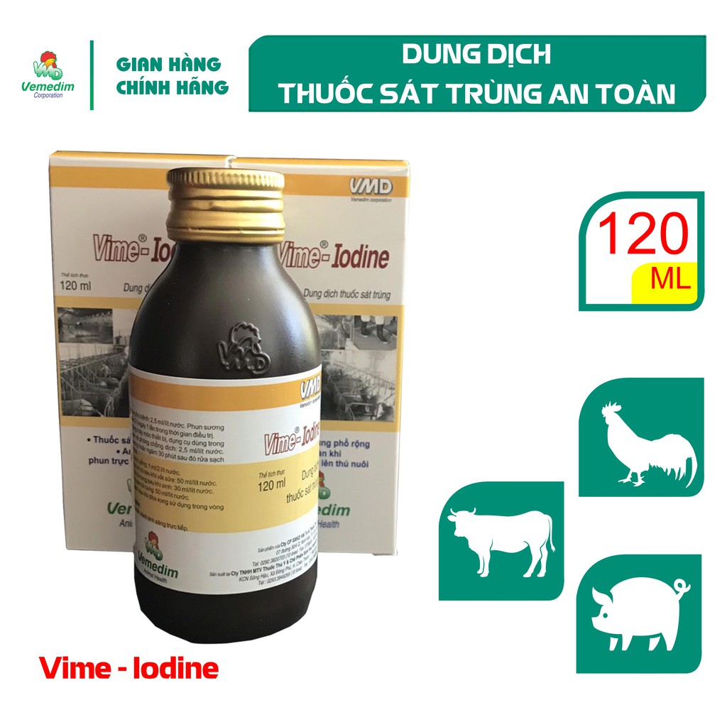 Vemedim Vime-Iodine Tẩy trùng vết thương cho heo, trâu bò, gia cầm, chó mèo, chai 120ml