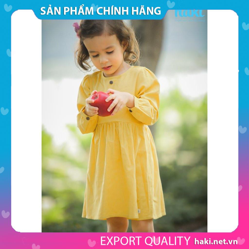 Váy bé gái dài tay Haki vải Linen cao cấp HK493 (Vàng)