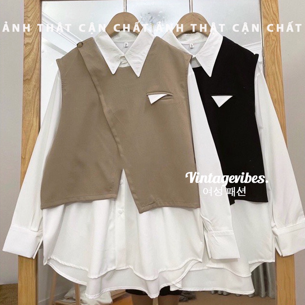 Áo sơ mi dáng rộng kèm gile cài vạt chéo Ulzzang (hàng QC) - Ảnh thật cận chất 1000%