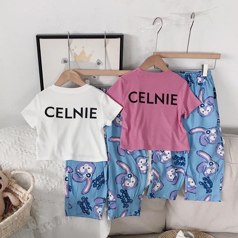 Bộ đồ áo tay ngắn cổ tròn và quần dáng rộng họa tiết hoạt hình phong cách Hàn Quốc xinh xắn cho bé gái