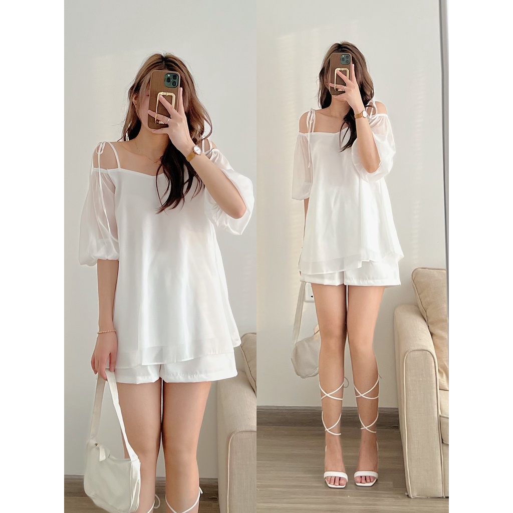 Áo trễ vai mặc 2 kiểu buộc DÂY VAI tay bồng voan tơ