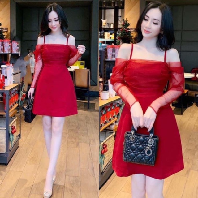Đầm xoè đỏ trễ vai lưới