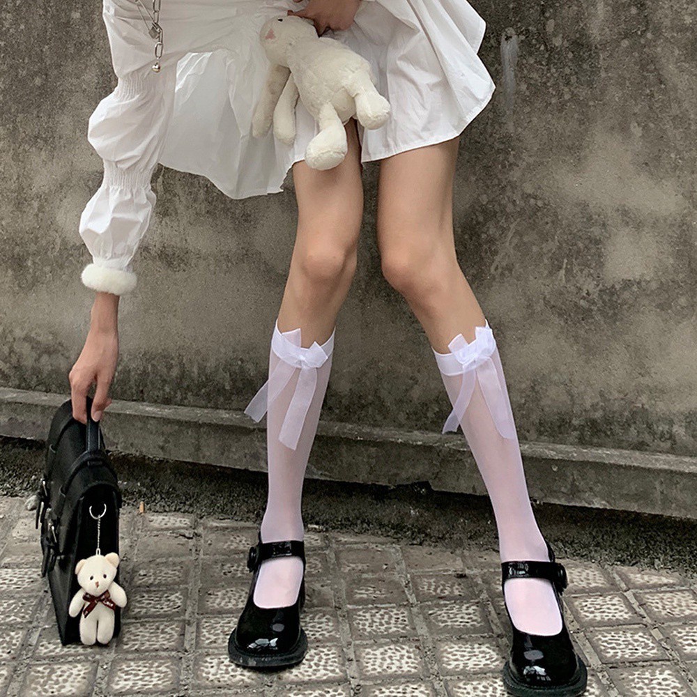 Đôi vớ dài quá gối bằng chất liệu lụa đính nơ nhiều màu sắc kiểu Lolita gợi cảm quyến rũ cho nữ