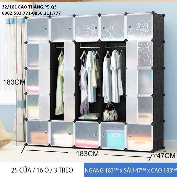 Tủ quần áo 25 ô có 3 ô treo đồ( tặng thêm 2 thanh treo) , tủ nhựa lắp ghép đa năng size lớn sâu 47 cm