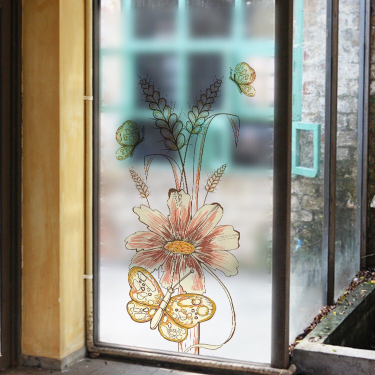 Decal dán kính cao cấp - Hoa lớn cỏ bông lúa và Bướm lớn ( 60x116 )