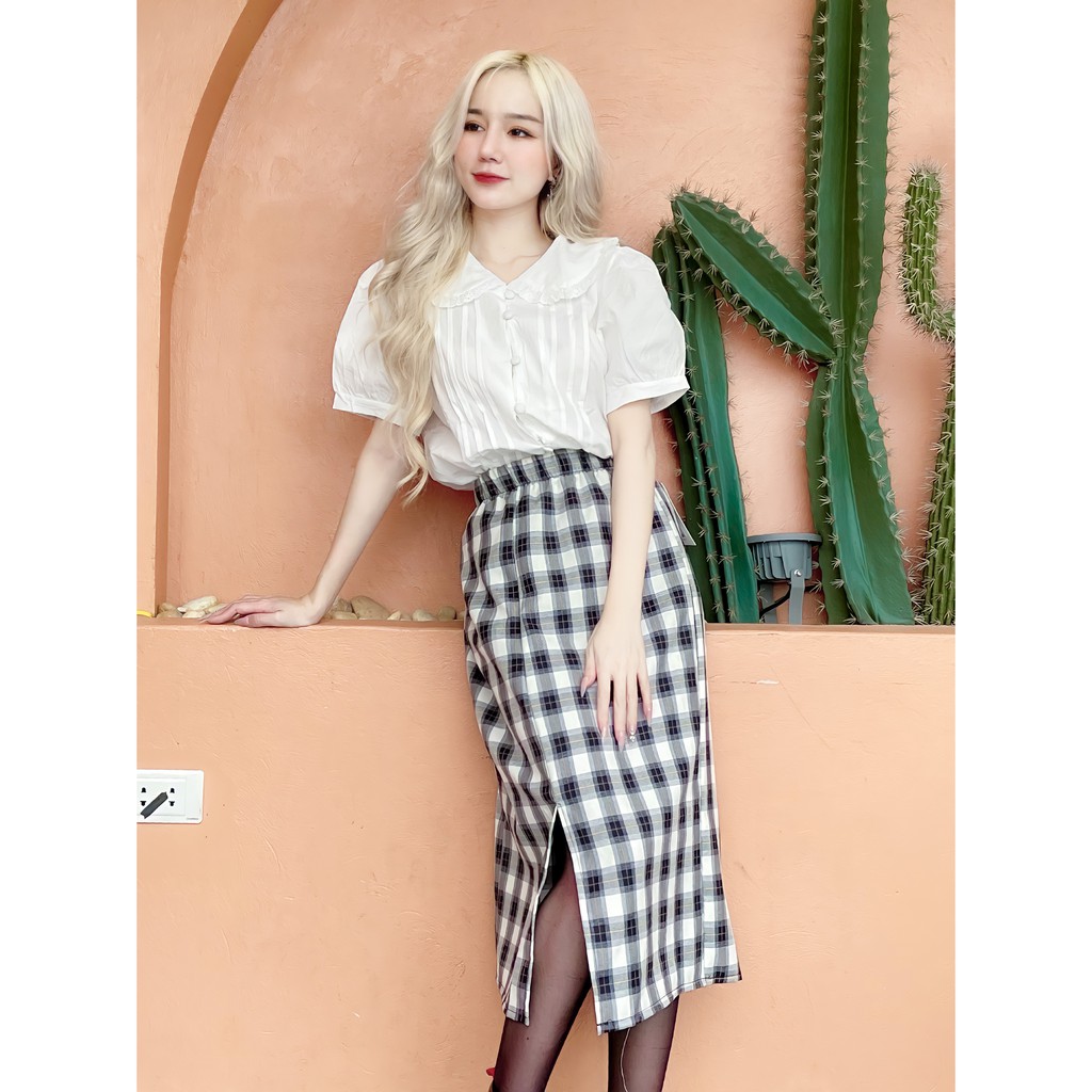 Chân váy dài kẻ ô vintage phong cách Ulzzang Hàn Quốc - Chân váy bút chì kẻ xẻ tà