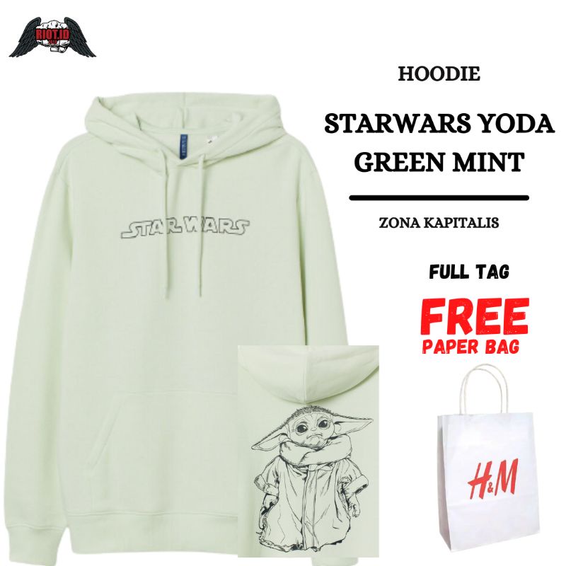 (2.2) H&m HnM Starwars Baby Yoda Áo Khoác Sweater Màu Xanh Bạc Hà Có Túi Đựng Giấy Phủ Toàn Diện Cho Nam Và Nữ