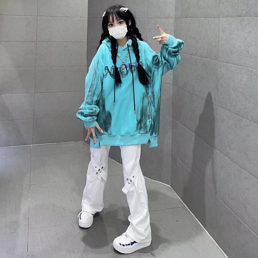 Áo Hoodie Lông Cừu Nhuộm Màu Phối Khóa Kéo Phong Cách Đường Phố Thu Đông