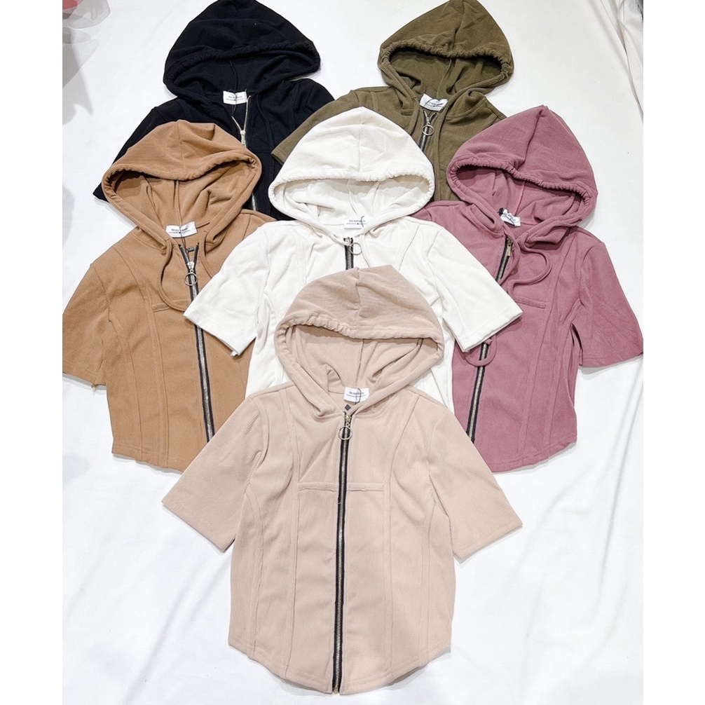 LOVI SHOP- Áo khoác croptop tay ngắn chất thun gân tăm mềm có nón nhiều màu