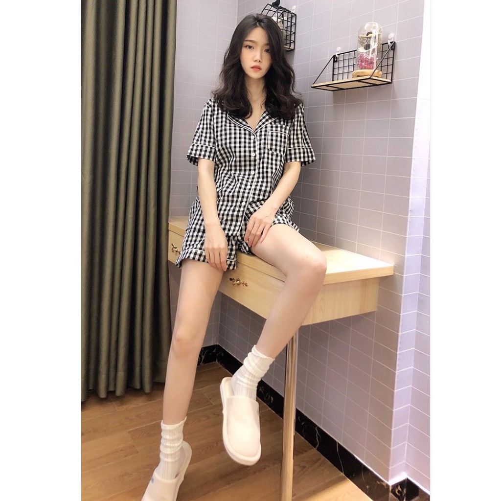 Set Pizama kẻ caro kèm scrunchies siêu xinh, Bộ đồ kẻ kèm chun buộc tóc S510, mặc đi chơi mặc ở nhà đẹp dáng tôn da | BigBuy360 - bigbuy360.vn