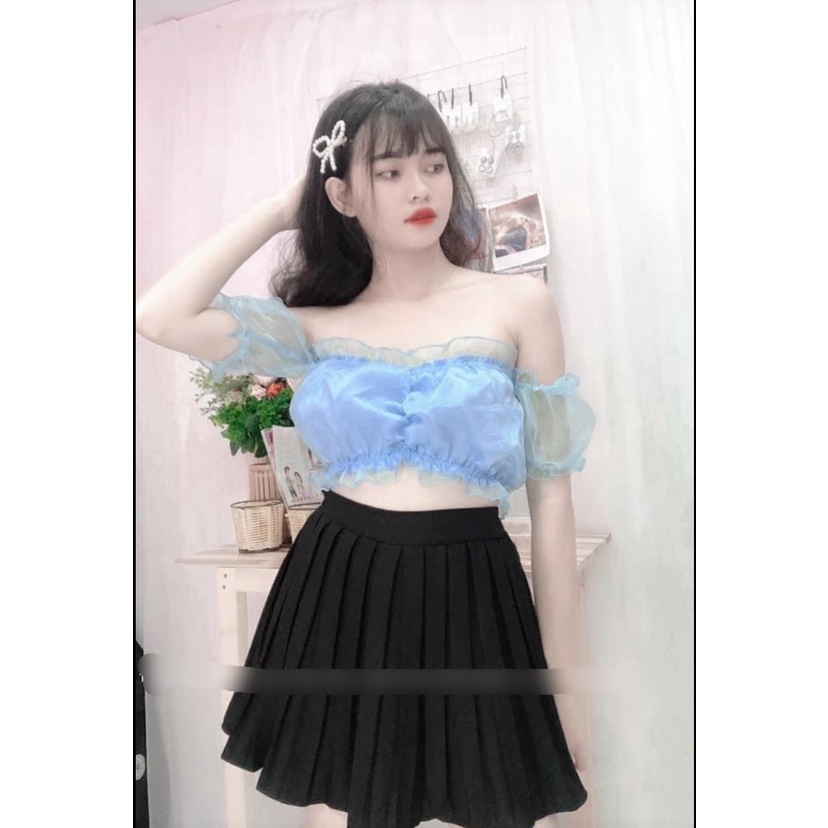 SET ÁO CROPTOP BẸT VAI PHỐI VOAN KIẾNG NHÍU NGỰC CHÂN VÁY DẬP LY XÒE KÈM QUẦN