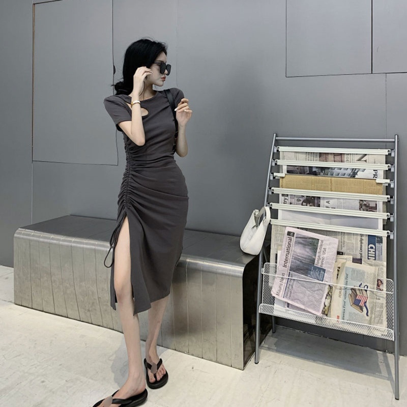 Đầm Midi Tay Ngắn Cổ Tròn Màu Sắc Đơn Giản Thời Trang Mùa Hè Quyến Rũ Cho Nữ