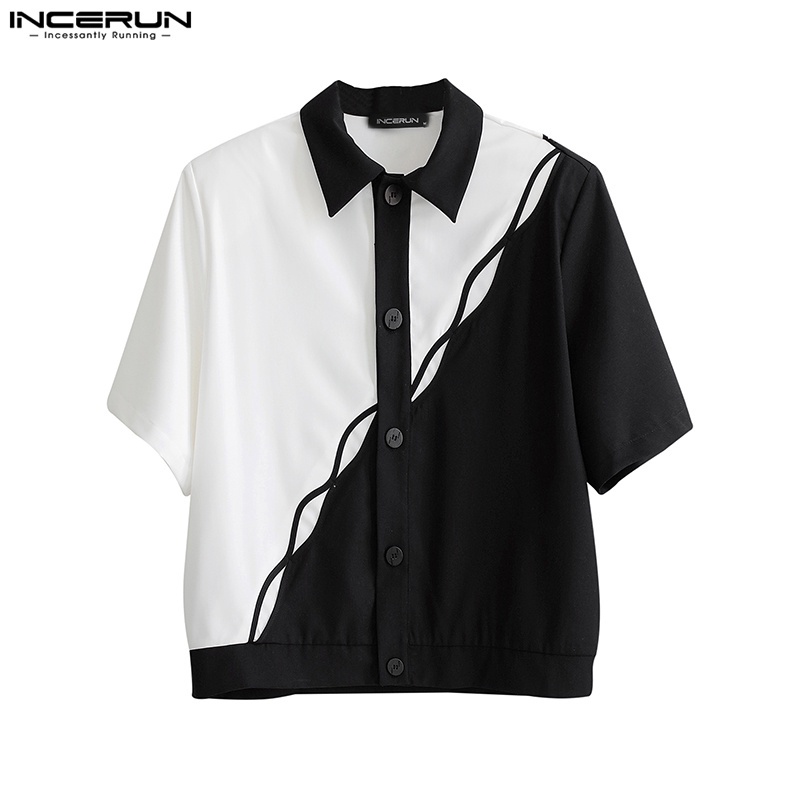 Áo sơ mi INCERUN tay ngắn dáng rộng kết hợp màu sắc trắng và đen phong cách đường phố cá tính dành cho nam