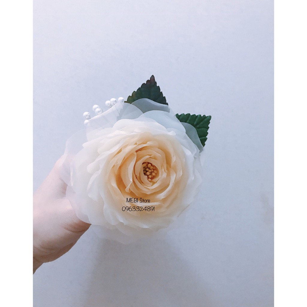 (Ảnh thật) Hoa hồng cài áo handmade màu nude phối màu, mẫu 2 lá và hạt trai xoắn