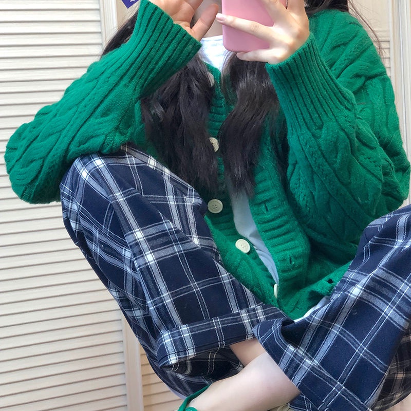 Áo Cardigan Dệt Kim Tay Dài Dáng Rộng Màu Xanh Lá Thiết Kế Mới Thời Trang Dành Cho Nữ