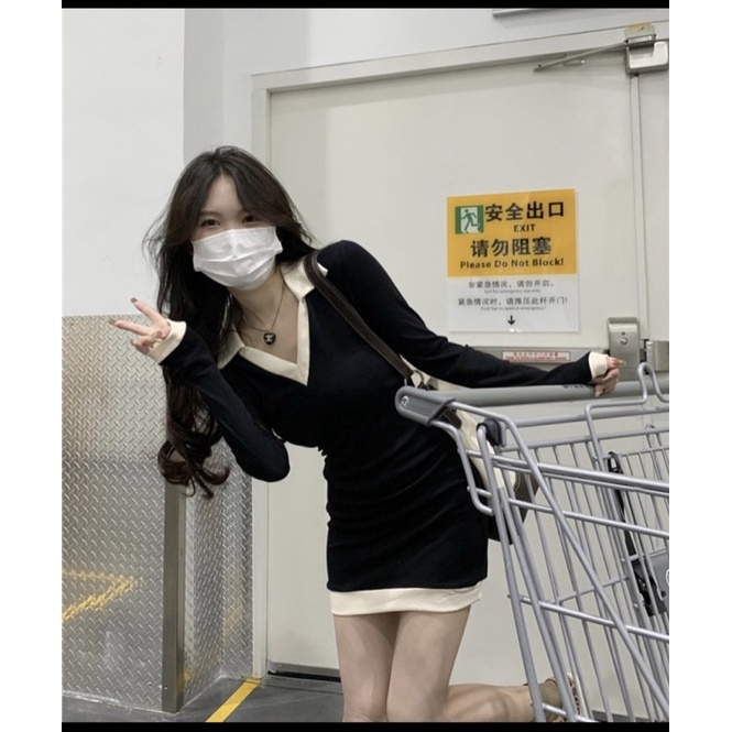 Đầm nữ đầm đen ôm body tay dài cổ sơ mi đi chơi đi dạo chuẩn mẫu ảnh kèm sàn