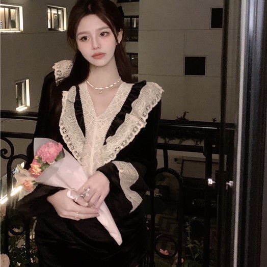 French velvet shirt female designer minority lace spliced shirt autumn and winter black chic v collar blouse