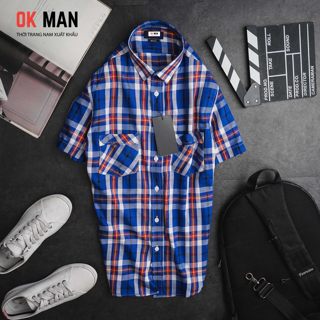 Áo sơ mi nam ngắn tay kẻ caro, form slimfit, 5 màu, chất liệu cotton, OkMan