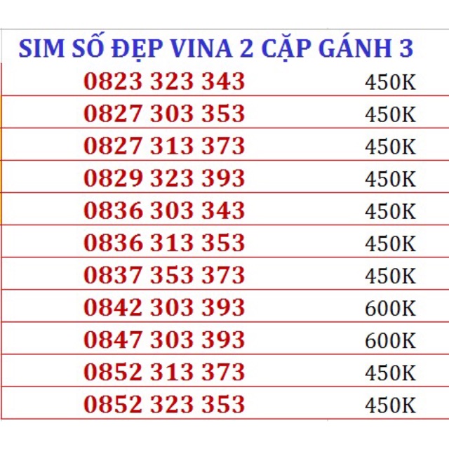 sim số đẹp vina 2 cặp gánh 3