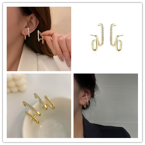 Bông Tai Đính Kim Cương Một Bên Màu Vàng Thời Trang Hàn Quốc Cho Nữ