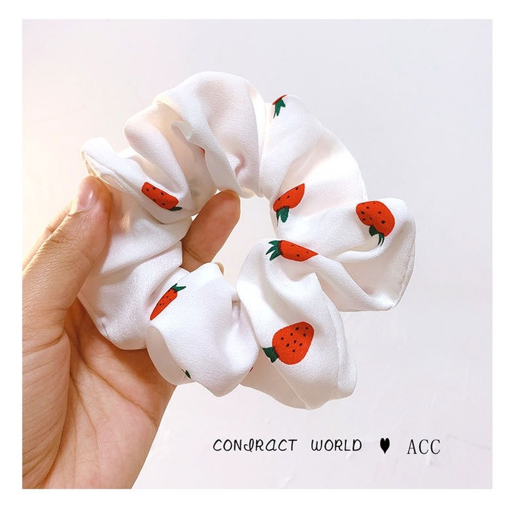 Dây Buộc Tóc Cao Su Co Giãn Bọc Vải Chiffon In Họa Tiết Dâu Tây Dễ Thương Phong Cách Hàn Quốc
