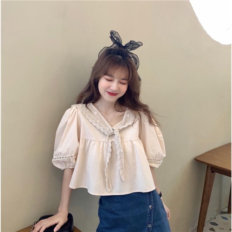 Áo kiểu dáng babydoll tay bồng phối cổ ren vạt thủy thủ phong cách tiểu thư đáng yêu xinh xắn