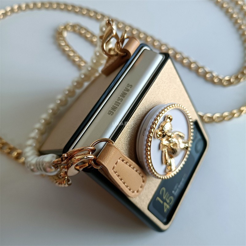 Bao Da Điện Thoại pu Dạng Ví Nắp Lật Đính Ngọc Trai Có Dây Đeo Chéo Vai Hình Gấu Cho samsung galaxy z flip 4g 4 3 flip4 flip3 5g Ốp