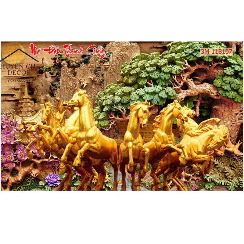 Tranh dán tường 3d Mã Đáo Thành Công- Bát mã - Huyền Chi - vải lụa cao cấp tặng kèm keo dán