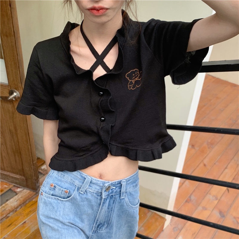 Áo croptop tay ngắn in hình hoạt hình ngọt ngào dáng ôm thời trang mùa hè cho nữ