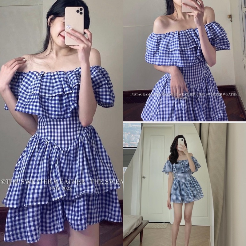 [Ảnh thật/Video]Đầm kẻ trễ vai bồng bềnh thiết kế ôm eo siêu tôn dáng Váy tiểu thư sang chảnh