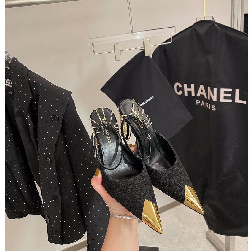 Giày Cao Gót 9Cm Vải Tuýt Phối Dây Xích