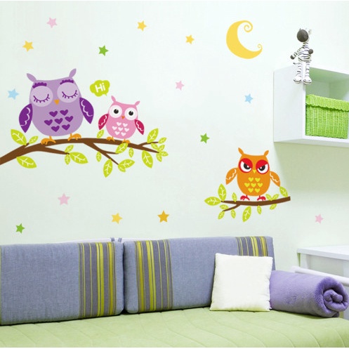 Decal trang trí tường - 3 chú cú sắc màu