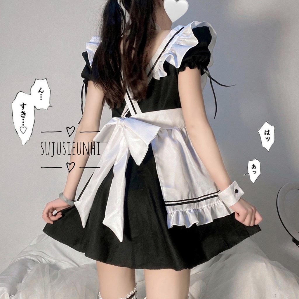 (CÓ VIDEO) Full set 7 chi tiết bộ trang phục hầu gái dễ thương- Cute Maid- Lolita Cosplay dress