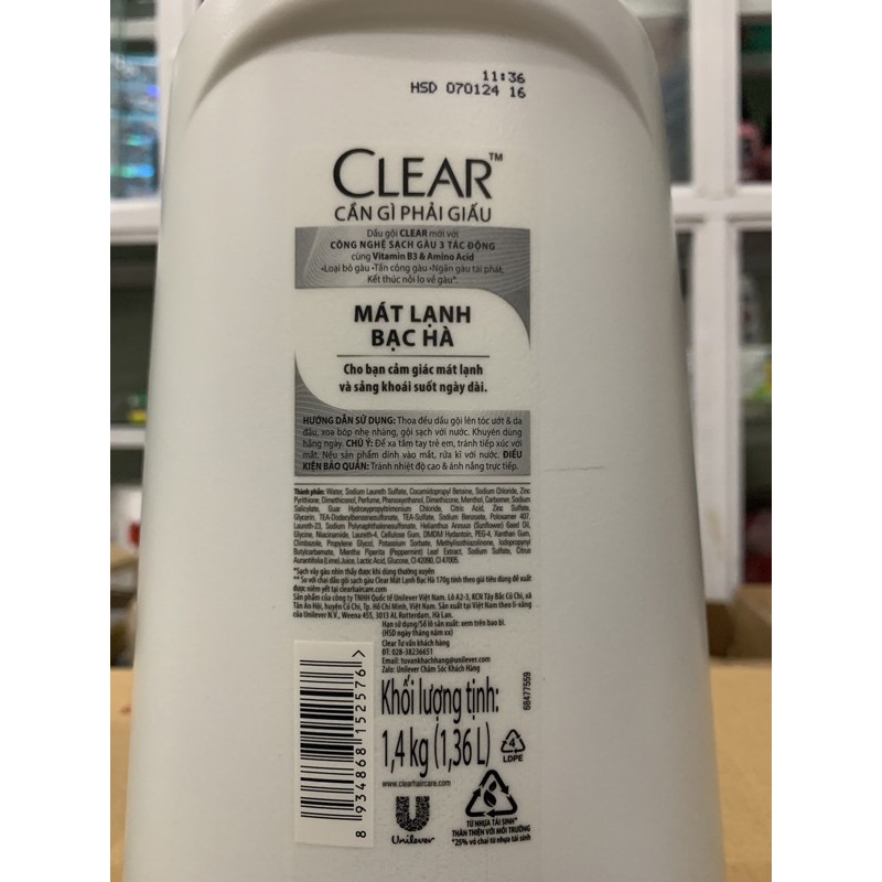 Dầu Gội CLEAR Bạc Hà Mát Lạnh 1,4kg (xanh lá)